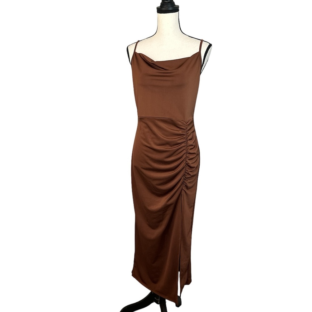MRT 1030 Brown Flattering Sexy Slit Midi Cami Strap Dress NWT